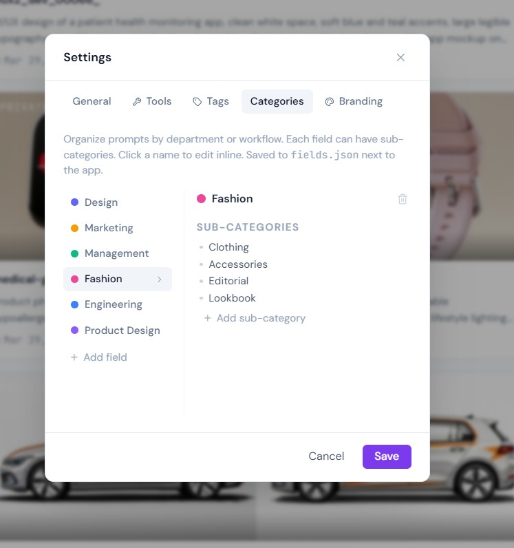 Categories and Fields settings panel
