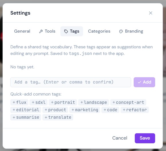 Tag Library settings panel